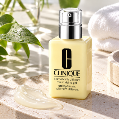 3x Clinique Dramatically Different Moisturizing Gel, Combination/Oily 125ml bottles with pumps are on a counter near a towel, plant, and gel smear in a bright bathroom.