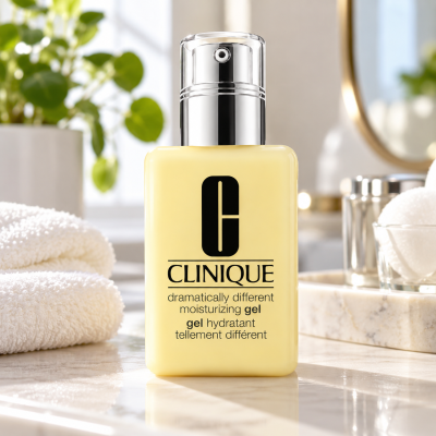 3x Clinique Dramatically Different Moisturizing Gel, Combination/Oily 125ml bottles on a bathroom counter with towels, plants, and toiletries in the background.
