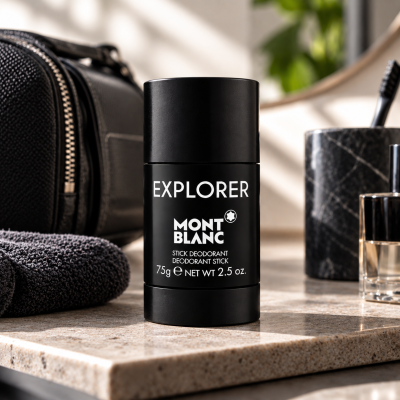 Montblanc Explorer deodorant stick on a bathroom counter.