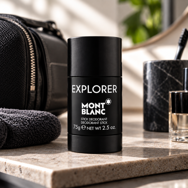 Montblanc Explorer deodorant stick on a bathroom counter.