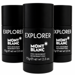 Three black Montblanc Explorer stick deodorant containers arranged in a cluster.