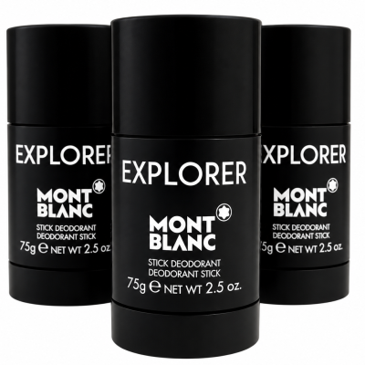 Three black Montblanc Explorer stick deodorant containers arranged in a cluster.