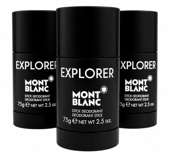 Three black Montblanc Explorer stick deodorant containers arranged in a cluster.