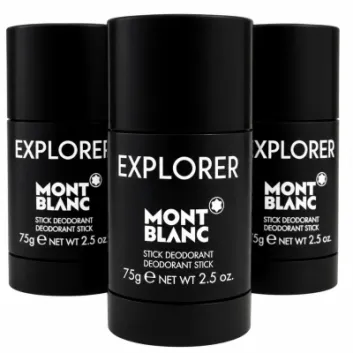 Three black Montblanc Explorer stick deodorant containers arranged in a cluster.