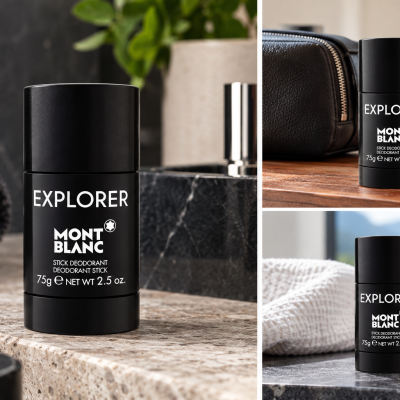 Three images of a Montblanc Explorer stick deodorant on various surfaces.