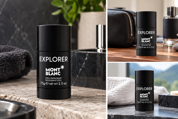 Three images of a Montblanc Explorer stick deodorant on various surfaces.