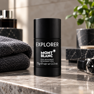Montblanc Explorer deodorant stick on a bathroom counter next to a towel and a watch.