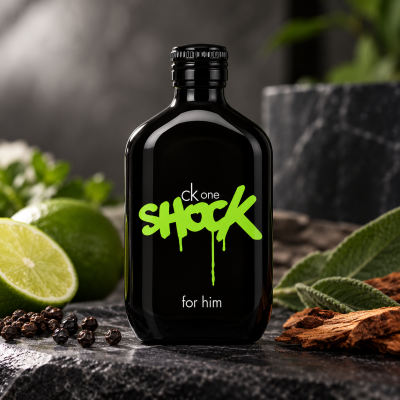 Calvin Klein CK One Shock EDT 200ml Spray for Men in a black glass bottle with neon green “SHOCK” text, surrounded by lime slices, peppercorns, and wood bark on a stone surface.