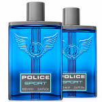 Two rectangular glass bottles of 2x Police Sport EDT for Men, 100ml in blue with grey caps, each featuring a winged emblem and a label reading “POLICE SPORT 100 ml 3.4 Fl. Oz.”