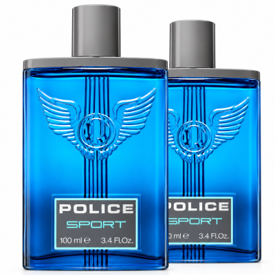 Two rectangular glass bottles of 2x Police Sport EDT for Men, 100ml in blue with grey caps, each featuring a winged emblem and a label reading “POLICE SPORT 100 ml 3.4 Fl. Oz.”