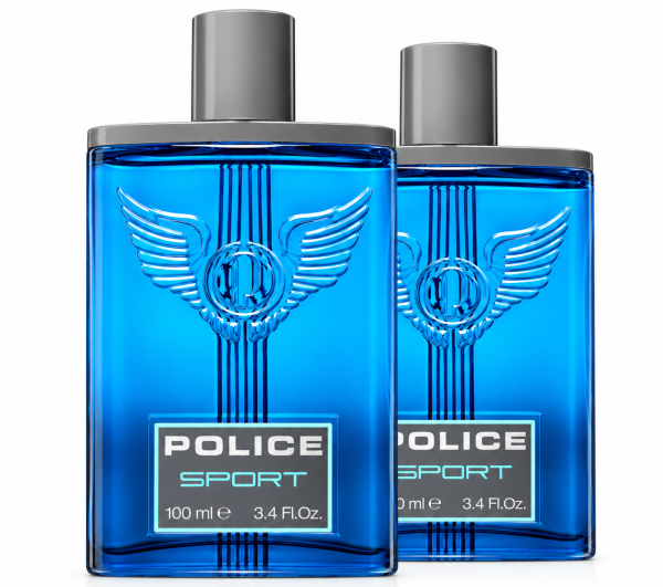Two rectangular glass bottles of 2x Police Sport EDT for Men, 100ml in blue with grey caps, each featuring a winged emblem and a label reading “POLICE SPORT 100 ml 3.4 Fl. Oz.”