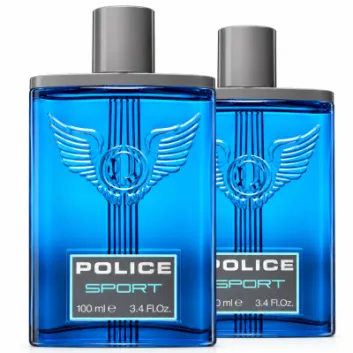 Two rectangular glass bottles of 2x Police Sport EDT for Men, 100ml in blue with grey caps, each featuring a winged emblem and a label reading “POLICE SPORT 100 ml 3.4 Fl. Oz.”