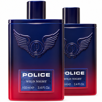Two rectangular 2x Police Wild Night Eau de Toilette 100ml Spray bottles with dark blue to red gradient glass, featuring a winged emblem and a label that reads “POLICE WILD NIGHT 100 ml e 3.4 Fl. Oz.”