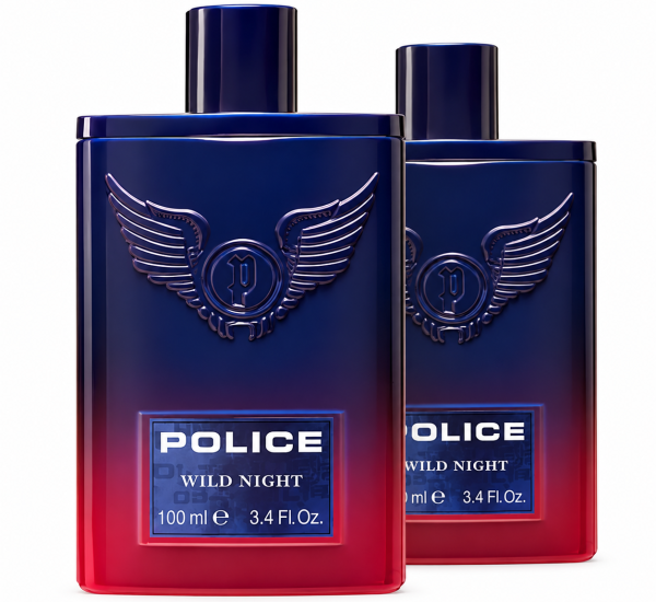 Two rectangular 2x Police Wild Night Eau de Toilette 100ml Spray bottles with dark blue to red gradient glass, featuring a winged emblem and a label that reads “POLICE WILD NIGHT 100 ml e 3.4 Fl. Oz.”