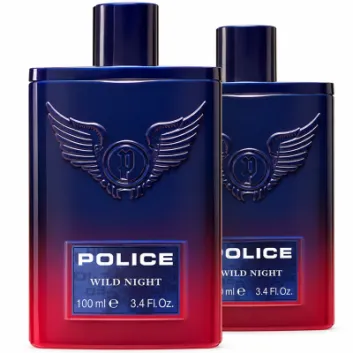 Two rectangular 2x Police Wild Night Eau de Toilette 100ml Spray bottles with dark blue to red gradient glass, featuring a winged emblem and a label that reads “POLICE WILD NIGHT 100 ml e 3.4 Fl. Oz.”