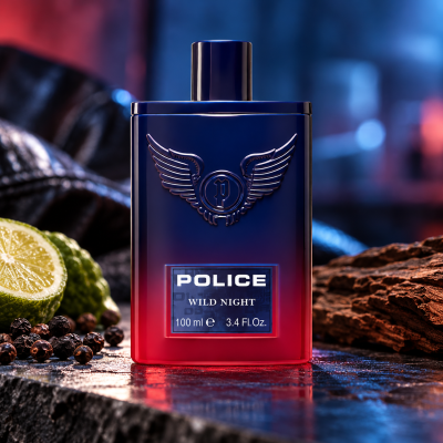 A rectangular 2x Police Wild Night Eau de Toilette 100ml Spray bottle with a blue-to-red gradient, winged logo, and label, set on a stone surface with lime and peppercorns.