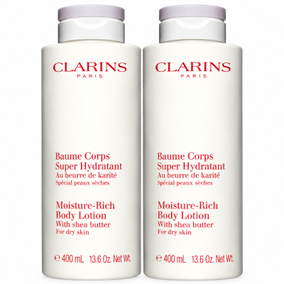 Two identical 400ml bottles of Clarins Moisture-Rich Shea Butter Body Lotion with white screw-top caps.