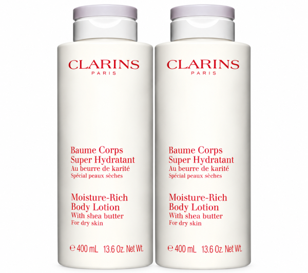 Two identical 400ml bottles of Clarins Moisture-Rich Shea Butter Body Lotion with white screw-top caps.